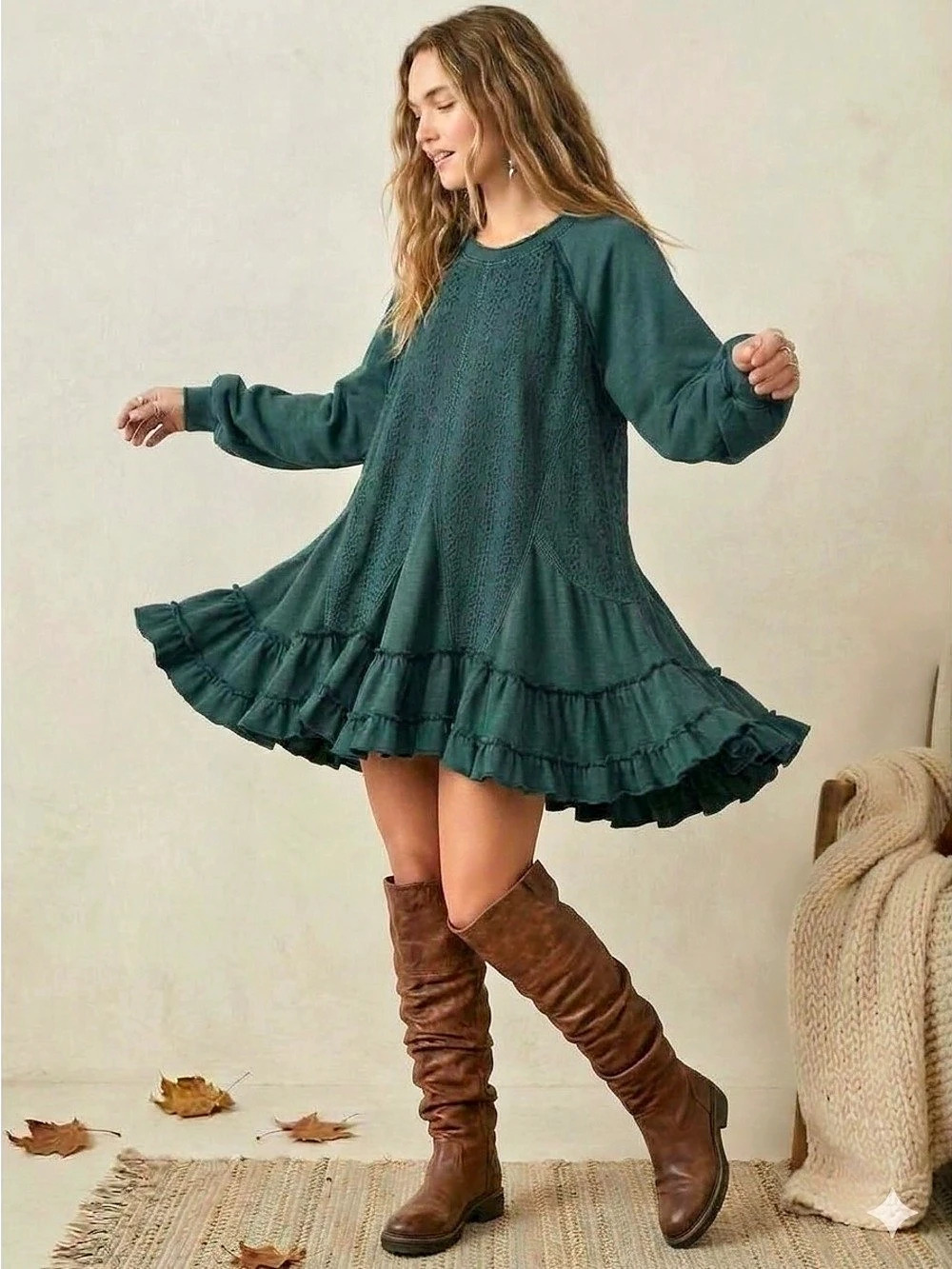 Free People Eva Distressed Sweatshirt Green Mini Dress Oversized Size Small